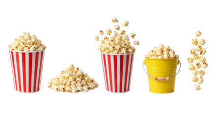 Delicious fluffy popcorn in red and white striped cups and a yellow bucket with popcorn falling isolated on transparent background