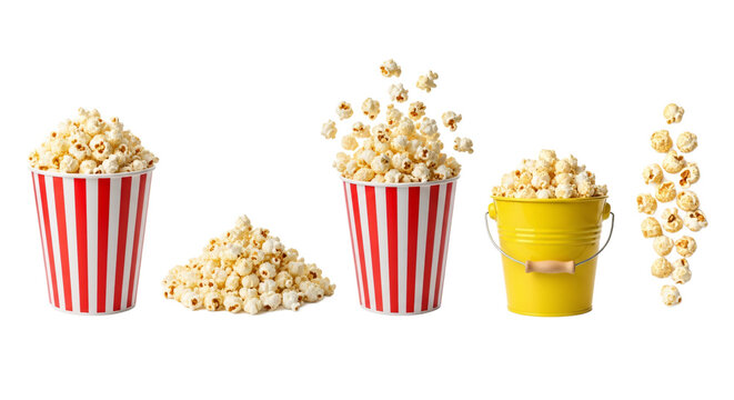 Delicious fluffy popcorn in red and white striped cups and a yellow bucket with popcorn falling isolated on transparent background - Powered by Adobe