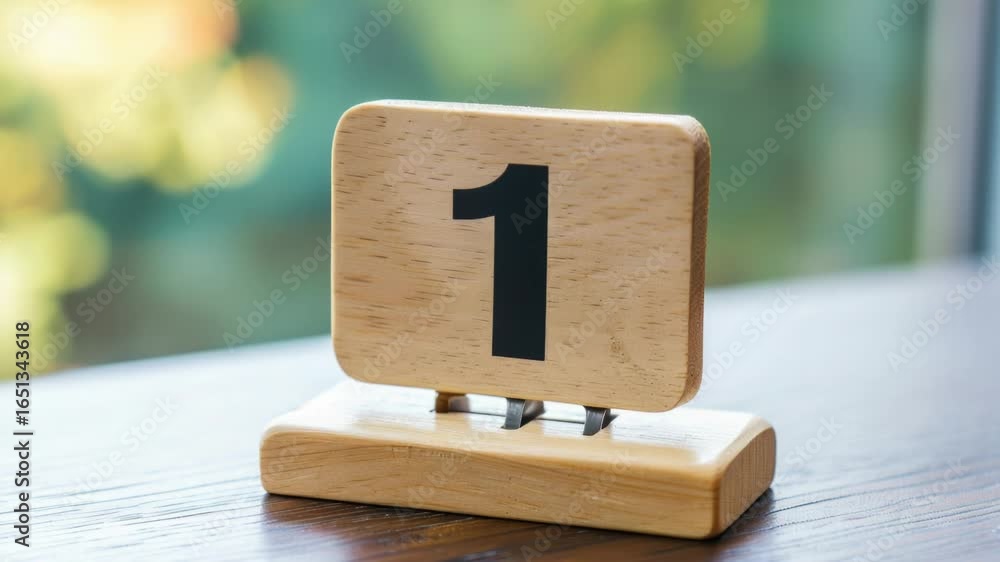 Poster a single wooden block with the numeral one carved into it