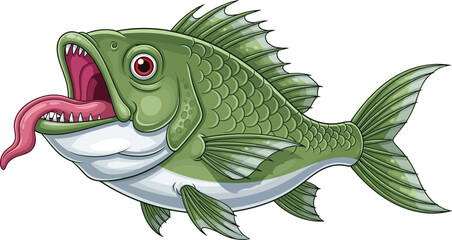 Cartoon Green Fish with Big Open Mouth and Tongue—Red Eyes, White Belly for Kids, Humor, and Animal-Themed Illustrations