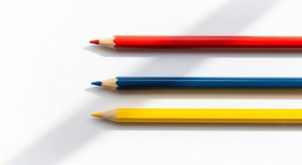 Primary Colored Pencils: Red, Blue, Yellow on White Background with Shadows