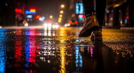 Obraz premium Rainy Urban Night: Person's Boot Splashing into Puddle, Vibrant City Light Reflections