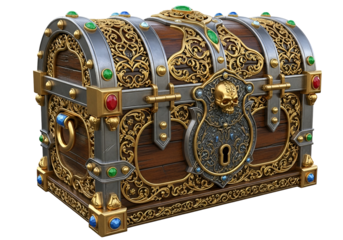 luxurious ornate treasure chest with intricate gold filigree and gemstone embellishments for