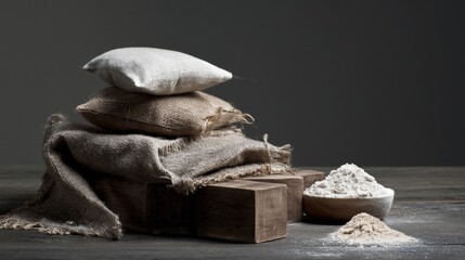 Rustic sacks with flour and grains on dark table for traditional food photography and organic agricultural product branding presentation visuals concept
