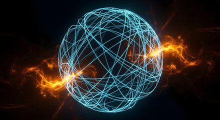 Abstract glowing blue network sphere with fiery energy bursts on a dark background representing connectivity and data flow