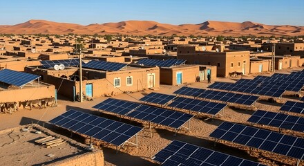 Rows of solar panels on rooftops in a desert village with mud houses, blue doors, and windows under a clear blue sky, AI Generated.