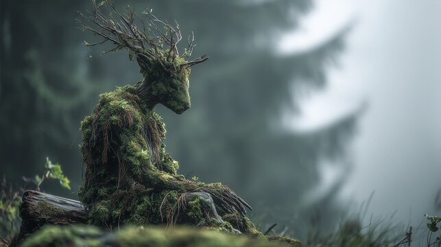 Human figure blending with nature, symbolizing sustainability and ecofriendly harmony, a surreal concept of green living and natural balance.