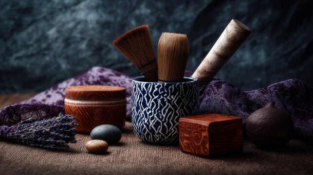 Mortar and pestle with purple herbs and soap for wellness spa visuals and natural skincare product photography concept branding presentation setup scene