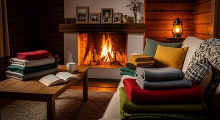 Rustic Fireside Retreat: Colorful Wool Throws and a Steaming Mug in a Warm Log Cabin