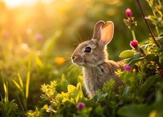A heartwarming scene of a wild rabbit amidst a colorful array of flowers, basking in the warm glow of the setting sun, capturing the essence of spring and the beauty of natures vibrant tapestry