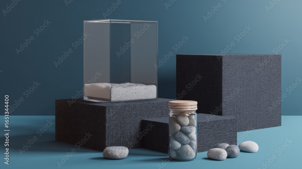 Poster minimal abstract still life of gray product blocks and jar for modern branding and design presentati