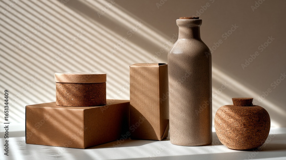 Poster neutral cardboard and ceramic product display on soft shadows for minimal branding presentation and 