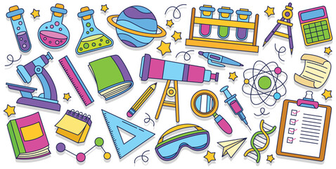 Set of hand drawn science and chemistry element vector illustration, science lab icon element.