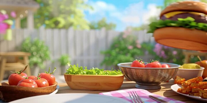 Animated cartoon backyard barbecue with food setup in the afternoon