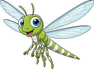 Cute Green Dragonfly Cartoon—Big Blue Eyes, Striped Body, Translucent Wings with Blue Veins for Kids, Nature, and Educational Themes