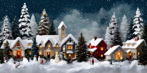 Naklejka premium Snowy Christmas Village with Quaint Houses and Evergreen Trees Under a Starry Night Sky