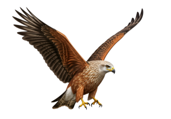 Majestic bird of prey soaring with outstretched wings in flight against a black background