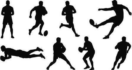 Rugby Player Silhouette Set—Running, Kicking, Passing, Diving, and Standing Poses for Sports, Action, and Athletic Illustration Themes