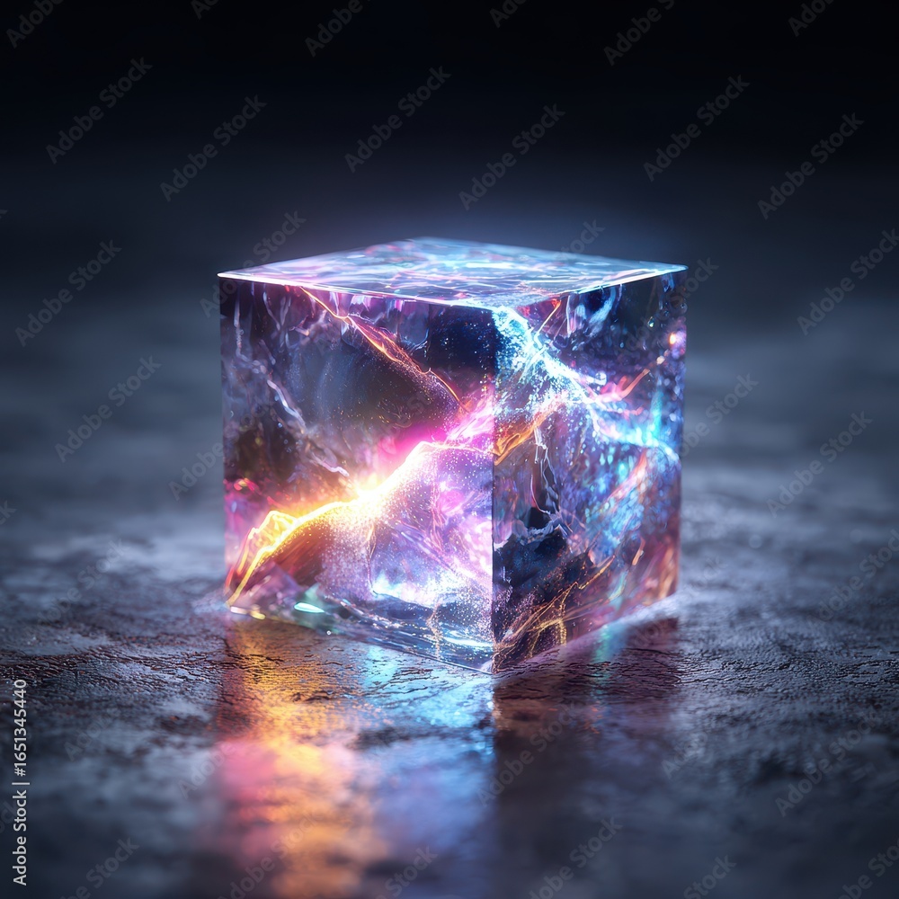 Poster Cosmic Cube An abstract space block on a dark wet surface. Idea visualization