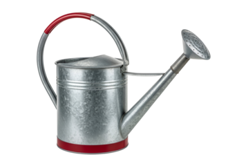 Metal watering can with a long spout and red handle on a black background