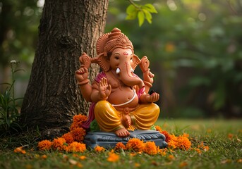 Ganesh chaturthi photo of a terracotta statue of lord ganesha, the hindu god of wisdom and remover of obstacles, sits adorned with orange marigold flowers in a serene garden setting with soft sunlight