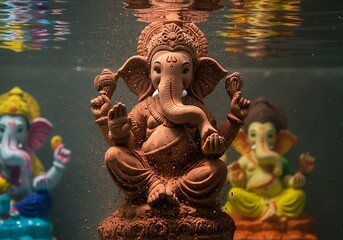 Ganesh chaturthi photo of closeup underwater shot of a vibrant ganesha idol, with other colorful ganesha statues blurred in the background, showcasing religious devotion and cultural artistry in an aq