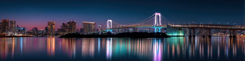 Obraz premium Stunning View of Tokyo's Rainbow Bridge: A Panoramic Skyline over Odaiba's Port in Japan