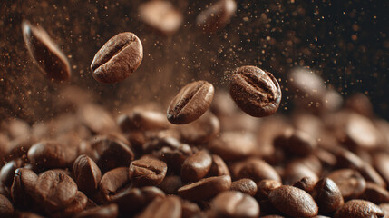 Obraz premium Close up of fresh roasted coffee beans falling