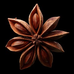 Star anise isolated, close-up detail on black backdrop, culinary spice ingredient