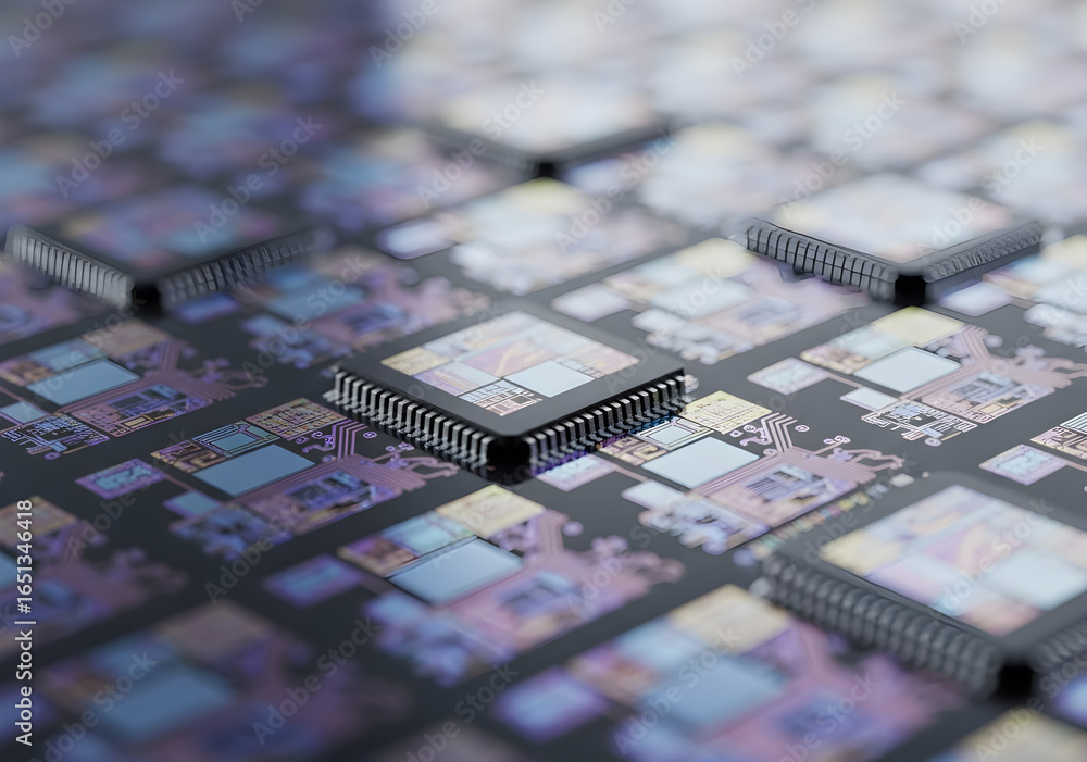 Poster close up shows multiple integrated circuits on a wafer for microchip manufacturing process