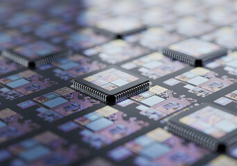 Close up shows multiple integrated circuits on a wafer for microchip manufacturing process