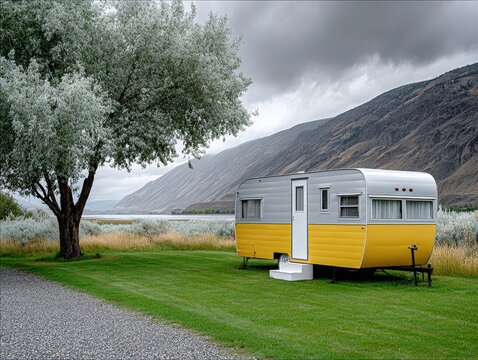 Retro Camper Van by the Lake: Mountain Landscape, Scenic Nature Escape