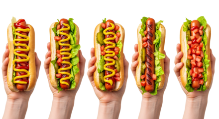 Five delicious gourmet hot dogs with various toppings held up by hands isolated on transparent background