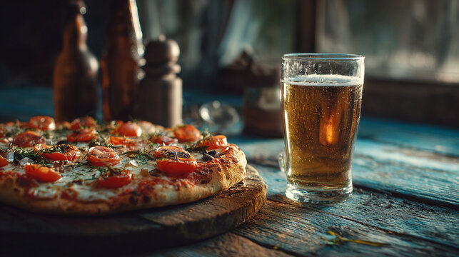 The delicious pizza and refreshing beer served on a rustic wooden table