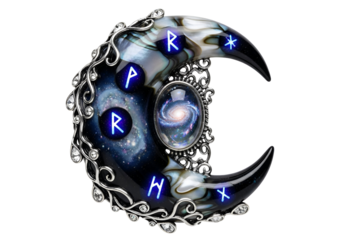 Mystical moon crescent adorned with runes and cosmic galaxy imagery in a dark fantasy design