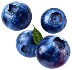 Obraz premium Vibrant blueberries, dewy and fresh, a close-up, against a white background. Four blueberries with a single leaf, digitally rendered