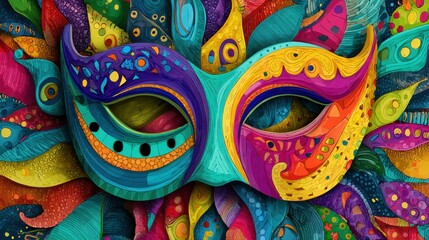 Obraz premium Vibrant Carnival Mask. Colorful Festival Illustration with Space for Text, Celebrating Tradition and Joy