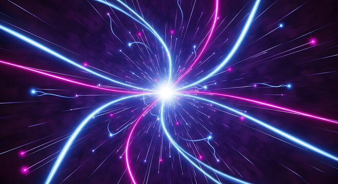 Vibrant abstract glowing light trails converge at a bright central point creating a futuristic tunnel effect