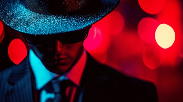 Dramatic man in suit and fedora hat with red bokeh lights for fashion mystery branding photography concept visual storytelling scene - Powered by Adobe