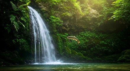 A serene waterfall cascades into a tranquil pool, surrounded by lush greenery and sunlight filtering through the trees, creating a peaceful atmosphere, AI Generated.