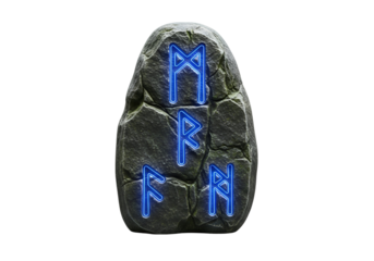 Neon Blue Letters Illuminating the Word 'MIR' engraved on a dark stone against a black background