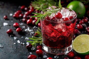 Festive Cranberry Elixir: Rosemary Infused Cocktail with Lime and Ice, Perfect for Cold Winter Nights