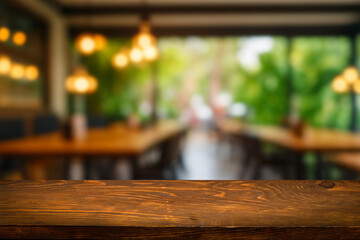 Empty wooden table  bokeh light background. Tables and chairs in the lobby of restaurant. Visitors to restaurant for dinner. Cozy bokeh lightening. Beautiful bright interior. Blurred bokeh basic