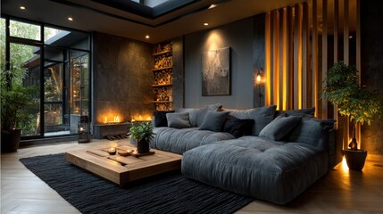 Modern, dark-toned living room with fireplace and wooden accents