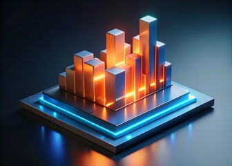 A futuristic 3d render of a bar graph, displaying data analysis and business growth with vibrant neon lights, reflecting modern technology and artificial intelligence in the digital era