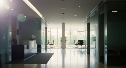 Modern office hallway with glass walls, white floor, and natural light
