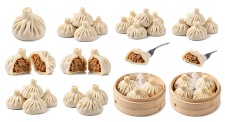 Delicious dim sum dumplings and bao buns ready for steaming and serving isolated on transparent background