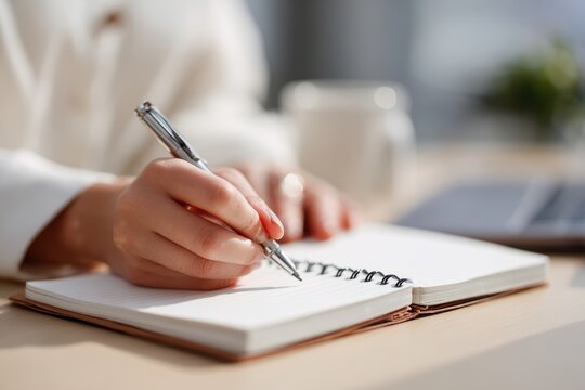 Female Professional Creating a To-Do List in Notepad on Office Desk