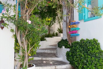 A picturesque garden entrance on white steps. A colorful directional sign provides a charming...