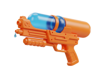 Bright orange plastic toy water gun with transparent blue water reservoir isolated on transparent background